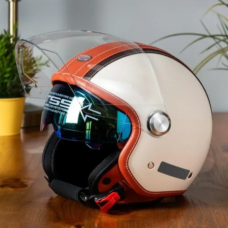 Vintage Open Face Retro Helmet - Casco da moto in pelle vintage,